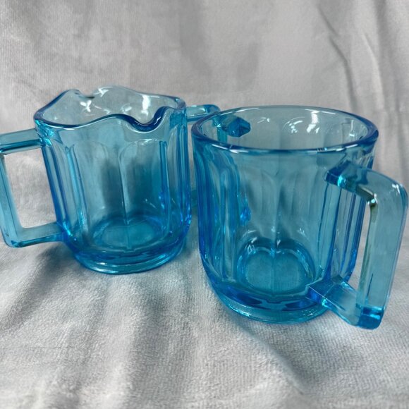 Vintage Art Deco Blue Glass Creamer Sugar Set with Handles Kitchen Dining Decor - Picture 16 of 16